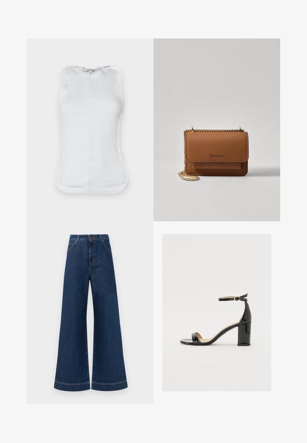 White sleeveless top made of ribbed cotton material, featuring a fitted design, rounded neckline, and visible stitching along the sides.; Wide-leg blue denim jeans with a high waist, featuring a button closure, belt loops, and subtle stitching details along the pockets and hems.; Black patent leather sandal with a wide heel, open toe, and ankle strap featuring a gold buckle. Smooth texture and sleek design.; Brown textured leather crossbody bag with gold chain strap and flap closure. Front features logo detail and a pocket under the flap.