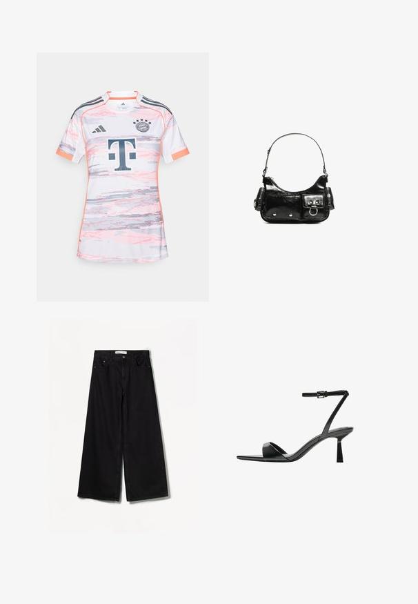 Maillot de football blanc avec un motif numérique rose et gris, logo Adidas, logo Bundesliga et logo du sponsor "T" en gris foncé. Manches courtes.; Bershka WIDE-LEG - Wide Leg - black; Bershka Sandales à talons hauts - black; Sac à main en cuir verni noir avec une forme incurvée, une bandoulière, des poches avant et des accents en métal argenté.