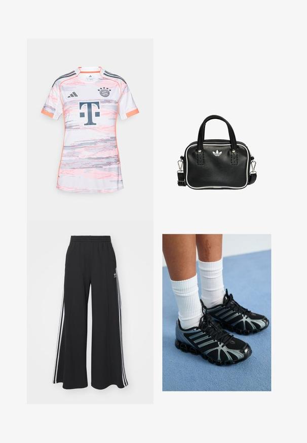 Valkoinen jalkapallopaita, jossa on vaaleanpunainen ja harmaa digitaalinen kuvio, Adidasin logo, Bundesliigan logo ja tumma harmaa "T" sponsori-logo. Lyhyet hihat.; Mustat löysät verkkarit, joissa on joustava vyötärö, valkoiset sivuraidat ja brodeerattu logo vasemmassa reidessä.; Mustat urheilusukkat harmailla yksityiskohdilla ja verkkopaneeleilla, joissa on teksturoitu pohja ja mustat nauhat, yhdistettyinä valkoisiin ribbineuleisiin sukkiin.; Musta nahkainen käsilaukku, jossa on kaksi lyhyttä kahvaa, hopeiset yksityiskohdat, valkoiset tehosteet ja valkoinen logo. Sisältää teksturoidun pinnan ja kompaktin muotoilun.