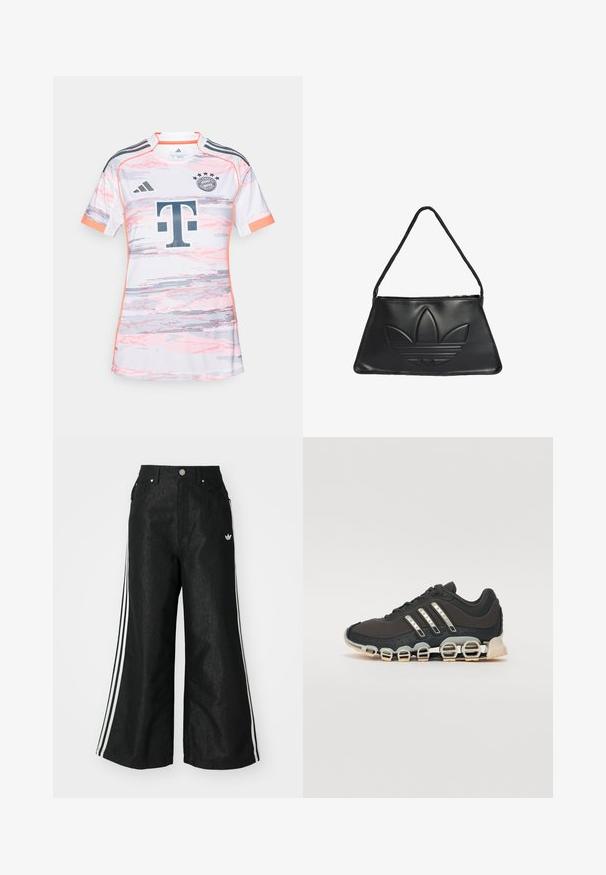 Maillot de football blanc avec un motif numérique rose et gris, logo Adidas, logo Bundesliga et logo du sponsor "T" en gris foncé. Manches courtes.; Pantalon en denim large noir avec trois accents de rayures blanches de chaque côté et un petit logo blanc. Dispose de poches avant et d'une fermeture à bouton.; Chaussure de sport noire avec un dessus texturé, trois bandes argentées et une semelle amortissante distinctive comportant plusieurs sections intégrées.; Sac à main en cuir noir de forme trapézoïdale, avec un logo Adidas en relief et une fine bandoulière. Fermeture éclair en haut.