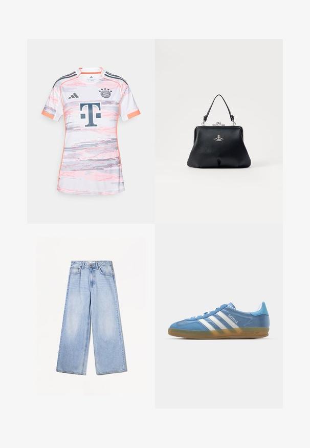 Maglietta da calcio bianca con motivo digitale rosa e grigio, logo Adidas, logo Bundesliga e logo sponsor "T" in grigio scuro. Maniche corte.; Bershka WIDE-LEG - Wide Leg - light-blue denim; adidas Originals GAZELLE INDOOR - Sneakers basse - footwear white; Borsa a tracolla in pelle nera con superficie texturizzata, accessori in argento, chiusura a scatto e manico corto per il trasporto. Design compatto e strutturato.