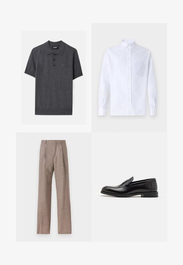 Sötétszürke polo póló, sima anyagból készült, három gombos nyakkal, rövidujjú, és finoman dombornyomott logóval a mellkasán.; Fehér, hosszú ujjú, gombos ing pamutból, mellzsebbel, tónusos hímzéssel, gallérral és gombos mandzsettával.; Barna, magas derekú nadrág texturált anyagból. Széles szárai és két elülső redője biztosítja a struktúrát. Ízléses kivitel, látható fémszerelés nélkül.; Fekete bőr loaferek sima textúrával, kerek orral és dekoratív pánttal a vampnál. Alacsony, rétegelt sarkú, minimalista dizájn.