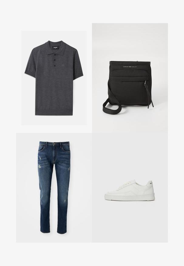 Dunkelgraues Poloshirt aus einem glatten Stoff, mit einer Drei-Knopf-Leiste, kurzen Ärmeln und einem dezent eingeprägten Logo auf der Brust.; Dunkelblaue Jeans aus Denim mit slim fit, leichten Abnutzungen an den Oberschenkeln und Knien, klassischem Fünf-Taschen-Design und Knopfverschluss.; Weiße Ledersneaker mit glatter Oberfläche, runder Zehenpartie, flachen Schnürsenkeln und strukturiertem Sohlenprofil. Mit einem dezenten Logo an der Ferse.; Schwarze Emporio Armani Umhngetasche mit vorderer Reißverschlusstasche, verstellbarem Trageriemen und Logodetail auf strukturiertem Stoff.