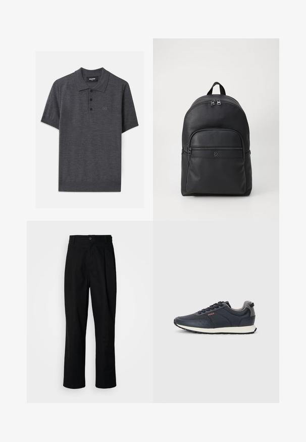 Polo de culoare gri închis, realizat dintr-un material neted, având o deschidere cu trei nasturi, mâneci scurte și un logo subtil embosat pe piept.; Pantaloni negri cu croială dreaptă, cu talie cu nasturi, bucle pentru curea și cute pe față, prezentati pe un fundal alb simplu.; Adidași bleumarin cu un superior sintetic neted, vârful rotund, accente gri, design cu șireturi și o talpă intermediară albă cu o talpă exterioară texturată neagră.; Rucsac din piele neagră cu un finisaj texturat. Dispune de un buzunar frontal cu fermoar, două fermoare pe partea superioară și un logo pe față. Formă rotundă.