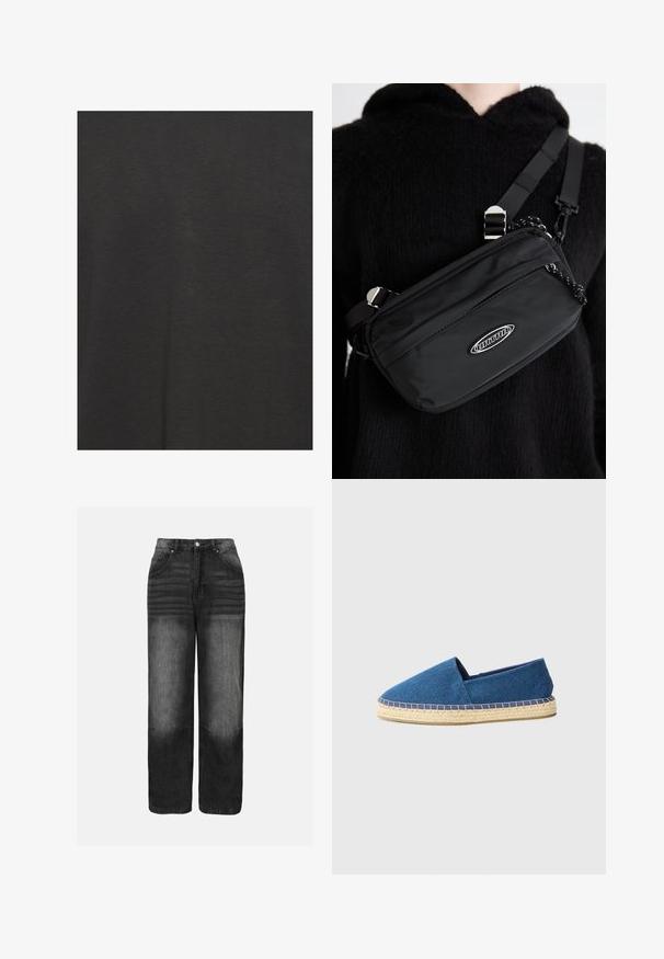 Must t-särk, mis on valmistatud pehmest kangast, viib sileda tekstuuriga ja lihtsa disainiga, ilma mustrite või aksessuaarideta.; Mustadest denimist püksid, millel on fade-efekt, kõrge talje, viie-tasku disain ning sirge jalgade lõige. Metallist riistvarad ja õmbluse detailid on selgelt nähtavad.; Sinine kangast espadrill, suletud varbaga, jute välistalla ja tikitud äärega. Sile kangatekstuur ja madal profiil.; Musthave musta nailonkott rihmaga, millel on reguleeritav rihm, siledapinnaline tekstuur, eespool tõmblukuga tasku ja logo aktsent.