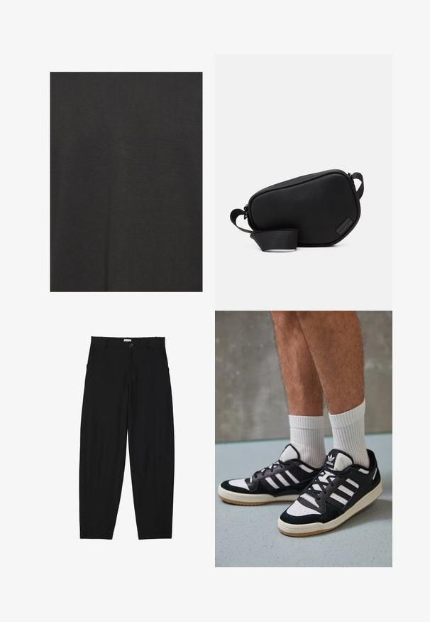 Must t-särk, mis on valmistatud pehmest kangast, viib sileda tekstuuriga ja lihtsa disainiga, ilma mustrite või aksessuaarideta.; Musthave mustribbiga püksid, millel on lõdvestunud lõige. Ees on taskud ja vöökoht on nööbiga kinnitatud. Pehme tekstuur ja sirge jala disain.; Mustvalged ja valged spordijalatsid, mille pealmine osa on valmistatud suede'ist ja nahast. Kingadel on kolm valget riba, auguline varvas ja kummist tald.; Must plastikust valmistatud must rihmaga õlakott, millel on lame kuju ja väike logo aksent. Minimalistlik kujundus.