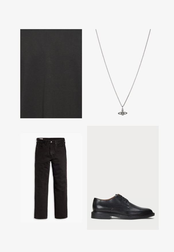 Black t-shirt made of soft fabric, featuring a smooth texture and a basic design without patterns or accents.; Black straight-leg denim jeans with five pockets, button closure, and belt loops, laid flat on a white background.; Black leather dress shoe with a round toe, lace-up design, and a low stacked heel. Smooth texture with minimal stitching details.; Silver chain necklace featuring a detailed pendant in the shape of a planet, adorned with small accents and intricate patterns.