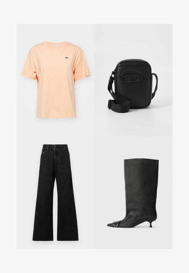 Persikka puuvillane T-särk lühikeste varrukatega ja ümarate kaelustega. Esiosas on väike roheline Lacoste krokodillilogo.; Mustad laiade säärtega teksad, valmistatud denimist, millel on kõrge vöökoht, viie taskuga disain ja esiküljel peen õmblustöö.; Must musta põlve kõrgune saapakäik terava nina, väike konts ja metallist aktsentdetail nina peal. Ühtlane, matt tekstuur kogu ulatuses.; Väike ristkülikukujuline must õlakott, millel on reguleeritav kangast rihm ja reljeefne ovaalne logo esipaneelil.