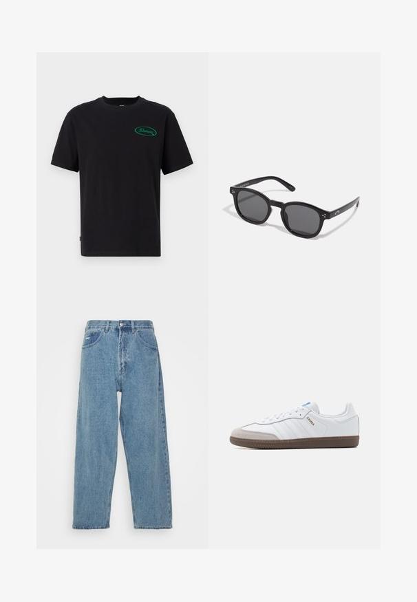 Czarna bawełniana koszulka z krótkim rękawem, klasyczny okrągły dekolt, z zielonym owalnym logo na lewej części klatki piersiowej. Prosty design.; Jasnoniebieskie dżinsy z wysokim stanem, luźnym krojem, z dwoma przednimi kieszeniami, tylną kieszenią naszywaną oraz zapięciem na guzik.; Białe skórzane sneakersy z szarym zamszowym noskiem, trzema poziomymi białymi paskami, niebieskim akcentem i brązową gumową podeszwą. Teksturowany detal na podeszwie.; Czarne owalne okulary przeciwsłoneczne z ciemnymi szkłami, grubymi oprawkami i srebrnymi kropkami na bokach. Gładki materiał plastikowy, nowoczesny design.