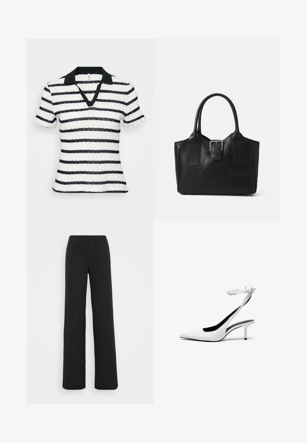 Pruhovaná krátkypólová košeľa s hlbokým V-výstrihom, čiernym golierom a striedajúcimi sa čiernymi a bielymi textúrovanými pruhmi.; Vero Moda Tall VMBERLIN MY WIDE - Nohavice - obsidian/oatmeal; Biele lodičky s ostrou špičkou a otvorenou pätou, s tenkým remienkom okolo členku. Hladká kožená látka, tenký ihlový podpätok a čierne vnútorné podšívenie.; Čierna kožená taška s hladkou textúrou, štruktúrovaným tvarom, dvoma uchami a výrazným strieborným prackovým detailom na prednej strane.