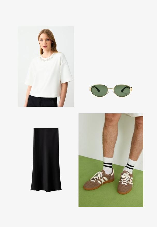 Felpa bianca cropped con maniche corte, caratterizzata da un colletto decorativo impreziosito da gioielli. Texture liscia e design minimalista.; Gonna midi nera realizzata in tessuto liscio e leggero. Presenta una linea dritta, senza componenti visibili e un design semplice senza fantasie.; Sneaker in suede marrone con dettagli e lacci bianchi. Suola in gomma color gomma. Indossati con calzini bianchi con righe nere. Pavimento verde texturizzato.; Occhiali da sole con montatura dorata e lenti verdi, forma ovale, stanghette nere e naselli trasparenti. Design pulito e minimalista.