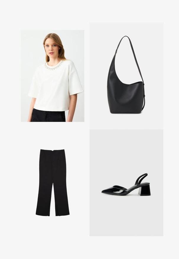 Sweatshirt blanc court à manches courtes, avec un col orné de bijoux. Texture lisse et design minimaliste.; Pantalon noir avec une coupe droite, doté de poches avant et d'éclairs sur l'ourlet. Fabriqué en tissu doux et lisse. Convient à diverses occasions.; Escarpins en cuir verni noir avec bout pointu et talon bloc géométrique. Présente un design élégant et minimaliste ainsi qu'une texture lisse.; Sac hobo en cuir noir avec une texture lisse, une forme incurvée et une seule sangle réglable ; dispose d'une large ouverture en haut.