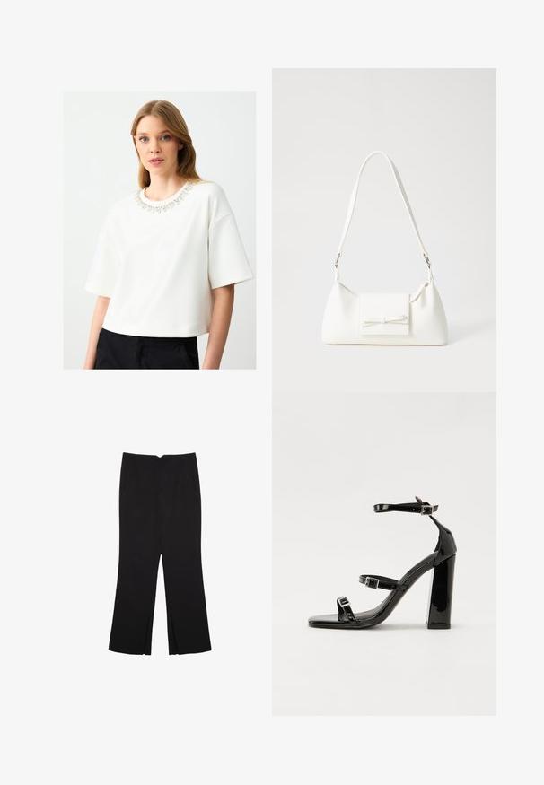 Sweatshirt blanc court à manches courtes, avec un col orné de bijoux. Texture lisse et design minimaliste.; Pantalon noir avec une coupe droite, doté de poches avant et d'éclairs sur l'ourlet. Fabriqué en tissu doux et lisse. Convient à diverses occasions.; Sandales à talons vernies noires avec un bout carré, des sangles autour de la cheville et des boucles en argent. Dotées d'un talon bloc épais pour plus de stabilité.; Sac à main synthétique blanc en forme triangulaire, avec un rabat avant plat et un détail en nœud, une bandoulière ajustable, une texture lisse et un design minimaliste.