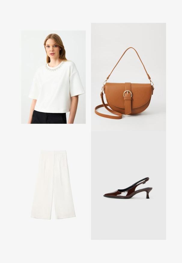 Weißer, kurz geschnittener Sweatshirt mit kurzen Ärmeln und einem dekorativen, mit Juwelen besetzten Ausschnitt. Glatte Textur und minimalistisches Design.; Helle, weite Hose aus glattem Stoff. Verfügt über einen flachen Bund und vertikale Falten für zusätzliche Details.; Braune Lackleder-Slingback-Schuhe mit spitzer Zehe und moderatem Absatz. Mit einem Schnallenriemen für einen sicheren Sitz. Glatte Textur.; Braune Leder-Crossbody-Tasche mit geschwungener Form, goldfarbenen Beschlägen und einer Schnallenakzentuierung. Verfügt über einen abnehmbaren Schultergurt.