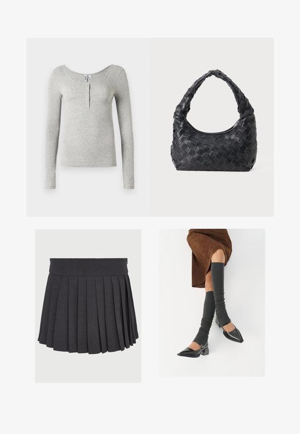 Svijetlo siva rebrasta majica dugih rukava s izrezom i četiri gumba na prednjem dijelu, prikazana na bijeloj pozadini.; Siva plisirana suknja s ravnim pojasom i zatvaranjem na patentni zatvarač, izrađena od teksturirane tkanine, s ravnomjerno raspoređenim dubokim plisama.; Crne lakirane cipele s šiljastim prstima, blok-petom i remenom oko gležnja, uparene s sivim rebrastim čarapama do koljena i smešnom suknjom od antilopa.; Crna kožna torba za rame s pletenim uzorkom, zaobljenom drškom i oblikom u obliku polumjesece na jednobojnoj pozadini.