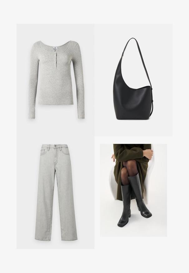 Svetlošedá rebrovaná košeľa s dlhým rukávom a okrúhlym výstrihom, so štyrmi gombíkmi na prednej léze, vystavená na bielom pozadí.; Svetlo šedé široké džínsy z denimu, s vysokým pásom, prednými vreckami a štandardným zapínaním na gombík a zips.; Čierne kožené čižmy po kolená so štvrtým prstom a blokovým opätkom, zobrazené s modelom sediacim v olivovo zelenej bunde. Hladká textúra, minimálne detaily.; Čierna kožená hobo taška so hladkou textúrou, zakriveným tvarom a jedným nastaviteľným popruhom; má široké otvorenie na vrchu.