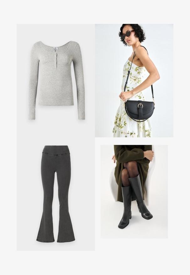 Light gray ribbed long-sleeve shirt with scoop neckline and four buttons on the front placket, displayed on a white background.; Flared black denim pants with a wide waistband, featuring a smooth texture and stitched detailing along the seams.; Knee-high black leather boots with a squared toe and block heel, shown with a model seated in an olive green coat. Smooth texture, minimal detailing.; Black leather handbag with a curved shape, detachable strap, and gold hardware. The bag features a flap with a buckle detail.