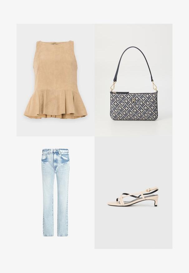 Top senza maniche in suede beige con orlo svasato, dotato di chiusura con zip sul retro, superficie testurizzata e un leggero lucido.; Jeans in denim azzurro chiaro con design a gamba dritta, cinque tasche e una texture sbiadita. Presentano cuciture a vista e una chiusura con bottone classico.; Sandalo slingback in pelle beige con cinturini incrociati, tacco basso e dettagli neri. Texture liscia e design minimalista.; Borsa a mano rettangolare con un motivo geometrico blu navy e crema, tessuto testurizzato, finiture in oro e una sola tracolla blu navy.