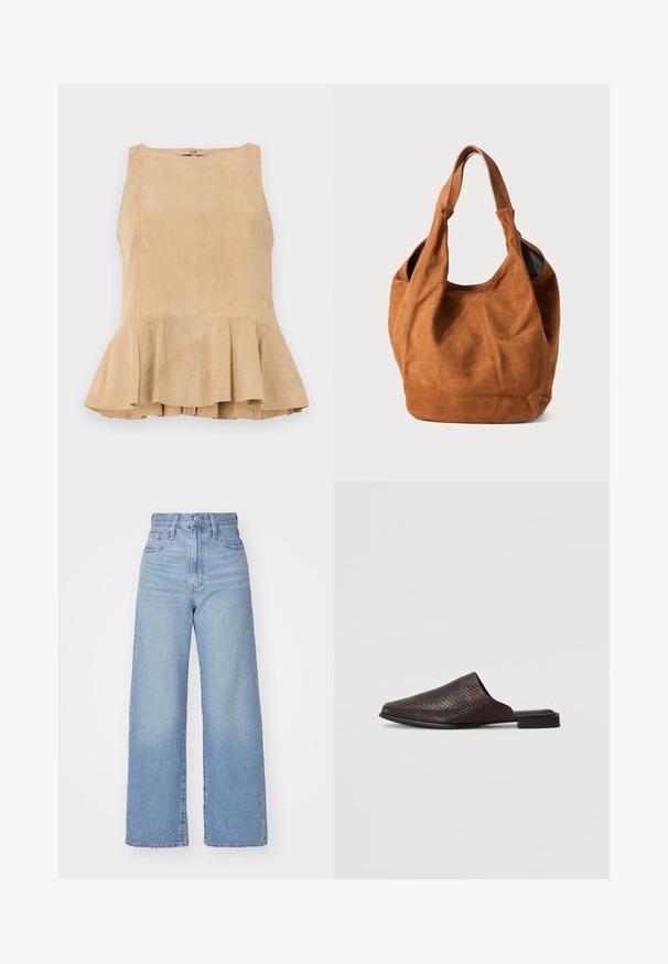 Beige suede sleeveless top with a fluted hem, featuring a zipper closure at the back, textured surface, and a subtle sheen.; Light blue high-waist wide-leg jeans with front button and zip closure, front and back pockets, on a white background.; Black slip-on mule made of textured material with a reptile pattern, featuring a low, flat heel and a rounded, open toe design.; Brown suede shoulder bag with a soft texture, curved shape, and two handles. Features a minimal design with no visible hardware or accents.