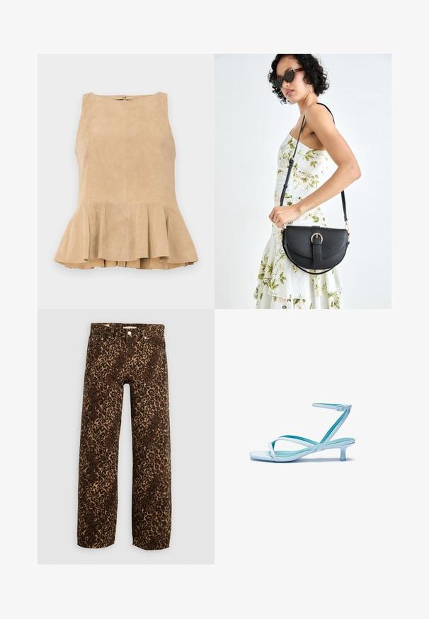 Bēša zamša bez piedurknēm blūze ar viļņotu apakšējo malu, kas aprīkota ar rāvējslēdzēja aizdari aizmugurē, ar teksturētu virsmu un smalku spīdumu.; Leparda raksta platā kāju džinsi brūnā un sarkanā krāsā. Izgatavoti no denima, tiem ir klasiskā piecu kabatu dizains un metāla akcenti.; Gaiši zila sandale ar siksnām, kvadrātveida purngalu, zemu papēdi, regulējamu potītes siksnu un gludu, spīdīgu apdari. Siksnas krustojumā uz zolītes.; Melnas ādas rokassoma ar izliekta formu, noņemamu siksnu un zelta aksesuāriem. Somai ir vāciņš ar sprādzes detaļu.