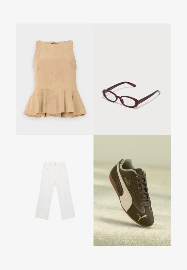 Beige Wildleder ärmelloses Oberteil mit gerüschtem Saum, ausgestattet mit einem Reißverschluss auf der Rückseite, strukturierten Oberfläche und einem dezenten Glanz.; Weiße Denim-Hose mit weitem Beinschnitt, ausgestattet mit einem klassischen Fünf-Taschen-Design, Metallbeschlägen und Kontrastnähten. Glatte Textur und lockere Passform.; Braune Puma-Sneaker mit beiger Streifen und Logo, geschnürt, auf einer strukturierten beigen Oberfläche ruhend.; Ovale rote Sonnenbrillen mit klaren Gläsern und schlanken braunen Fassungen. Das Design weist sanfte Kurven und minimalen Hardwareeinsatz auf.; Beige Leder Hobo-Tasche mit glatter Textur. Verfügt über eine große, offene Oberseite und einen einzelnen, breiten Schulterriemen. Abgerundete, lässige Form.