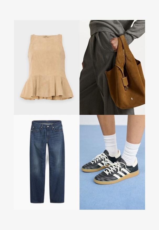 Beige ruskindsløs top med flæsekant, der har en lynlås i ryggen, struktureret overflade og en diskret glans.; Mørkeblå denimjeans med en lige ben-design. Har knaplukning, fem lommer og subtil falmning i stoffet.; Sorte lædersneakers med hvide striber, rund tå, hvide snørebånd og gummisål. Fremhævet af polstret krave og brandingdetaljer.; Brun ruskind totebag med rund form, dobbelte håndtag og metalhardware detaljer. Har et lille logo foran.