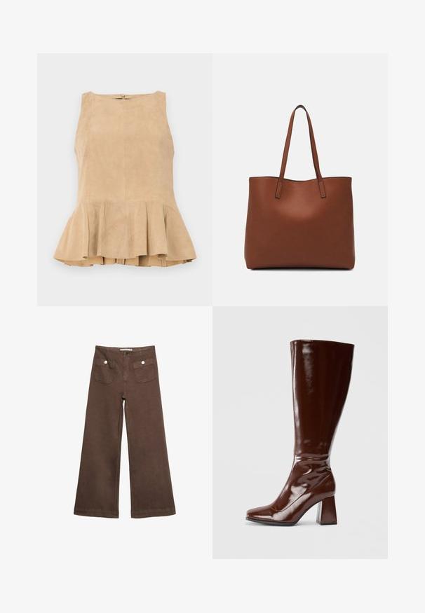 Beige ruskindsløs top med flæsekant, der har en lynlås i ryggen, struktureret overflade og en diskret glans.; Brune bredbenede bukser lavet af bomuld, med to forlommer med sølvknapper og en glat tekstur.; Knæhøje brune patentlæderstøvler med firkantet tå, glansfuld finish og en kraftig hæl for stabilitet. Sømløs design uden synligt hardware.; Brun læder tote taske med en glat overflade, åben topdesign og to skulderremme. Har minimal syning og ingen synlig hardware.