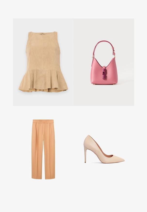 Beige mokkanahka ilmanhihaista toppia, jossa on liehukas helma, vetoketjukiinnitys takana, teksturoitu pinta ja hienovarainen kiilto.; Persikanväriset leveät housut, joissa on pehmeä kangas, joustava vyötärö ja suora leikkaus, tarjoten rentoa istuvuutta.; Beige-nahkain korkokengät, joissa on kärki ja sileä pinta. Kengissä on kapea stilettokorko ja matalalle leikattu vampiiri.; Vaaleanpunainen nahkalaukku, jossa on rakenteellinen muoto, kiiltävä suljenta ja yksi säädettävä olkahihna. Rakeinen pinta ja kultainen metalliosat.