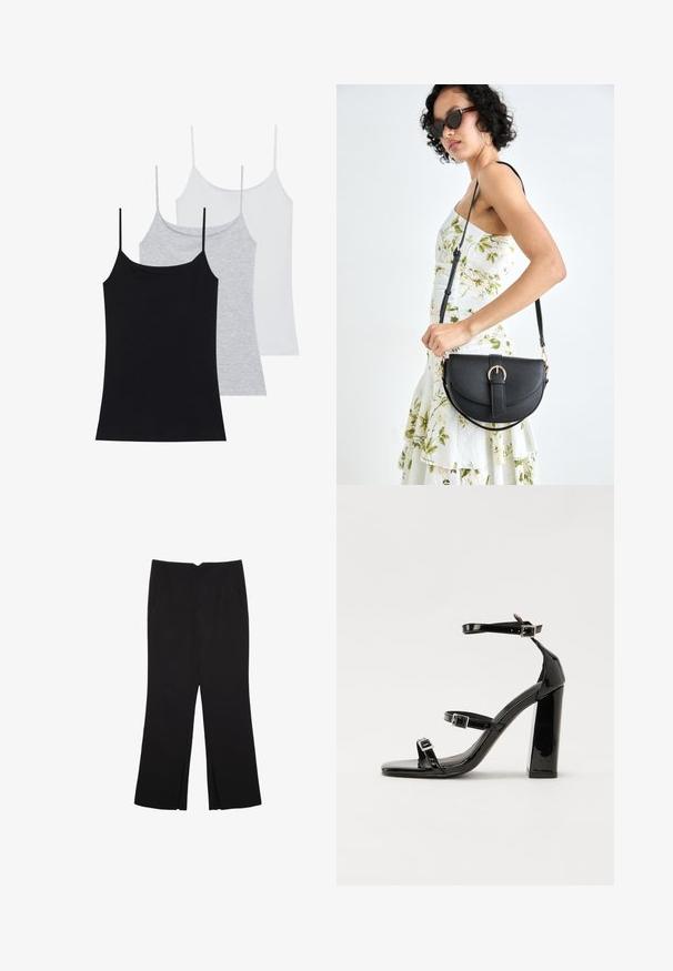 Kolme hihattomia toppia: yksi musta, yksi harmaa ja yksi valkoinen. Valmistettu pehmeästä, joustavasta kankaasta, jossa on säädettävät spagettiolkaimet.; Mustat housut suoralinjaisella leikkauksella, joissa on etutaskut ja sivurei'ät helman alla. Valmistettu pehmeästä ja sileästä kankaasta. Sopii eri tilaisuuksiin.; Musta kiiltävä korkokenkä sandaalit neliönmuotoisella varpaalla, nilkkaremmillä ja hopeisilla soljilla. Varustettu tukevalla lohkokorkealla vakauden takaamiseksi.; Musta nahkainen käsilaukku, joka on kaareva muotoilultaan, irrotettavalla hihnalla ja kultaisilla yksityiskohdilla. Laukussa on läppä, jossa on solk yksityiskohta.