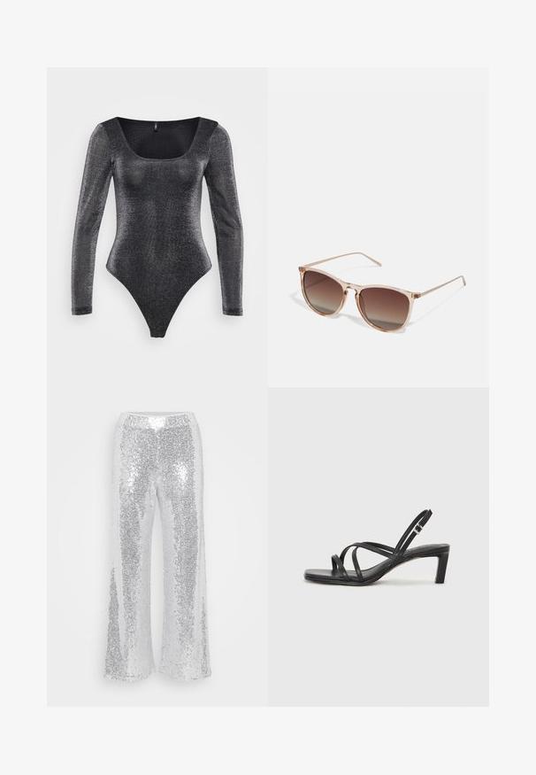 Melna, garām piedurknēm bodijs, izgatavots no spīdīga, teksturēta materiāla. Tam ir kvadrātveida kakla izgriezums un augstas griezuma kāju atveres.; Sudraba sekmju platām kājām biksēm ar augstu jostasvieta. Audums mirdz un atspoguļo gaismu, tam ir gluda, spīdīga tekstūra.; Melnas strappy sandales ar kvadrātveida purngaliem un zemu bloku papēdi. Ievērojamas ar vairākiem plāniem siksniņām un regulējamu potītes siksniņu. Izgatavotas no gludas ādas.; Brūna gradienta saulesbrilles ar caurspīdīgu rozā rāmi, kvadrātveida forma un plānas metāla kājas. Iespējamās noapaļotas malas un minimāls dizains.