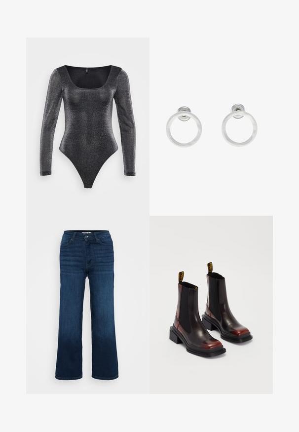 Juodas ilgomis rankovėmis bodis, pagamintas iš blizgaus, tekstūruoto audinio. Sukurtas su kvadratiniu iškirpimu ir aukštai kirptomis kojų angomis.; ONLY Petite ONLMADISON BLUSH WIDE - Platėjantys džinsai - dark blue denim; Dr. Martens MAYBOLE CHELSEA - Aulinukai su platforma - black/cherry red; Sidabriniai metaliniai auskarai žiedų pavidalu su šveitimo tekstūra, turintys apvalų dizainą ir skaidrų laikiklį saugiam dėvėjimui.