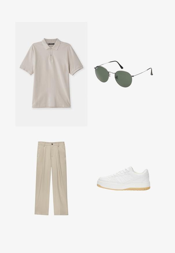 Beige polo skjorte lavet af bomuld, med klassisk krave, korte ærmer og et diskret broderet logo på venstre bryst.; Beige bukser med lige snit, der har en enkelt sort knap, bæltestropper og sidelommer. Glat stoftekstur og minimalistisk design.; Hvide lædersneakers med struktureret finish, der har en gummisål, snørebåndsdesign og diskrete stribedetaljer på siderne.; Metalrammede solbriller med ovale grønne linser. Tynd sølvmetalramme og sorte ørepropper. Minimalistisk design, ingen synlige logoer.