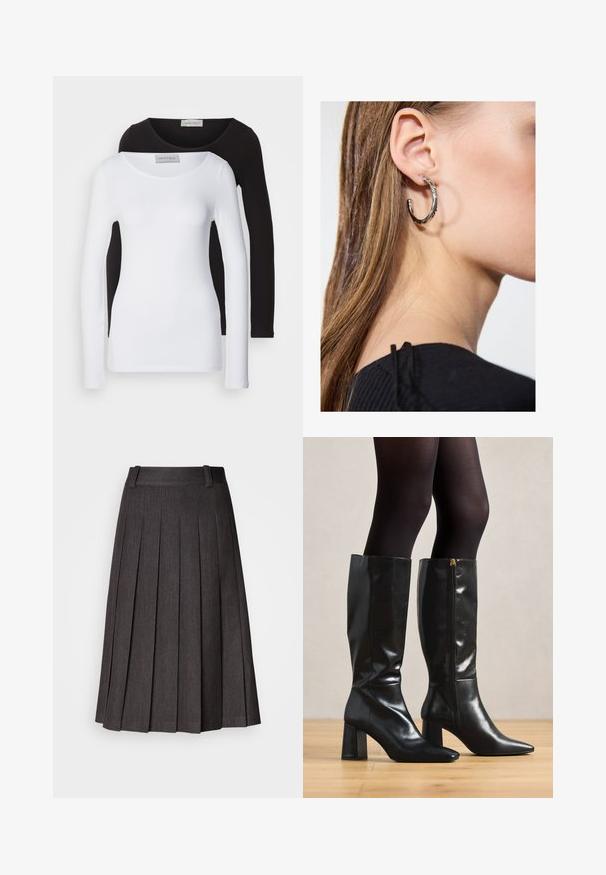 Ilgai rankoviai marškiniai iš baltos ir juodos medvilnės, su apvaliais iškirpimais ir prigludusia forma. Etiketas matomas prie kaklo.; Pilkas raukiniais sijonas su lygiu juosmeniu, midi ilgio ir sklandžiu paviršiumi, su ryškiais, tolygiai išdėstytais raukiniais visame paviršiuje.; Juodų odinių batų iki kelių su blizgiu paviršiumi, smailia nosimi ir masyviu kulnu. Šone esanti užtrauktuko detalė, kad būtų lengviau užsidėti.; Sidabrinė lankinė auskarai su poliruotu paviršiumi, turintys mažus auksinius akcentus ir apvalią formą, dėvimi ant ausies kaušelio.