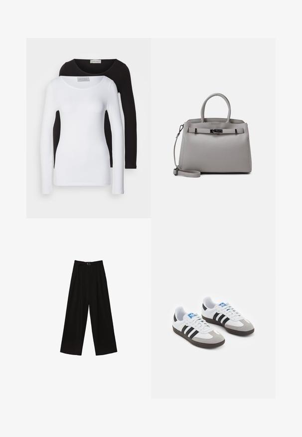 Langärmlige Hemden aus schwarzer und weißer Baumwolle mit Rundhalsausschnitten und taillierter Passform. Etikett am Hals sichtbar.; Schwarze, weit geschnittene Hose mit hoher Taille, ausgestattet mit einem Gürtel in der Taille und Falten für Struktur. Hergestellt aus einem glatten, leichten Stoff.; Sportschuhe mit einem Obermaterial aus weißem Leder, grauer Wildleder-Zehenkappe und drei schwarzen Streifen. Sie verfügen über ein blaues Logo auf der Zunge und eine strukturierte Gummisohle.; Graue Lederhandtasche mit doppelten Griffen, einem abnehmbaren Gurt, glatter Textur und einem metallischen Verschluss an der Vorderseite. Runde Form und minimalistisches Design.