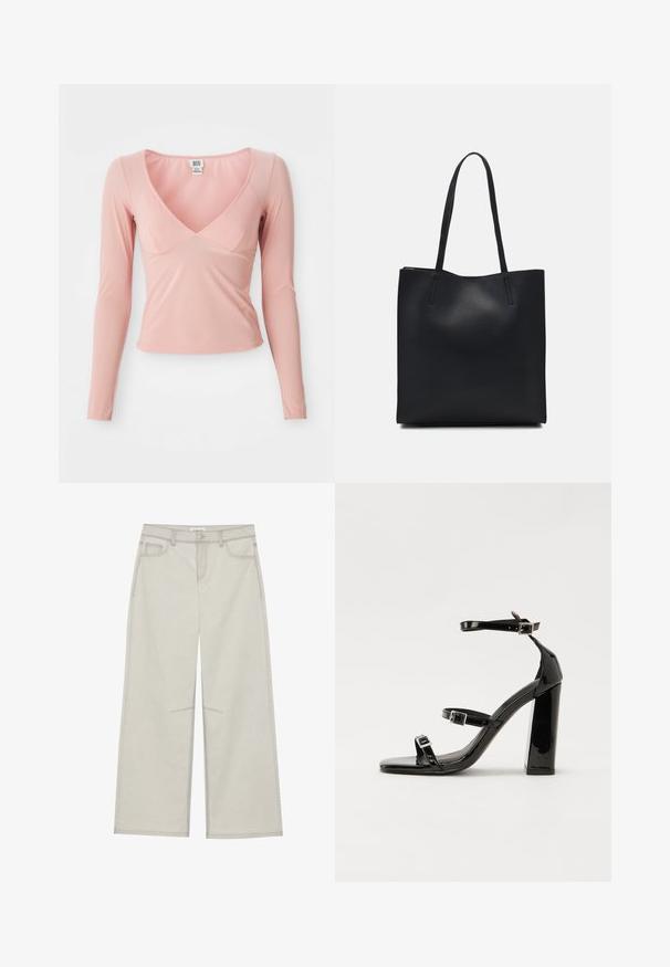 Hosszú ujjú rózsaszín felső mély V-nyakkal, testhez simuló szabással és sima textúrával. Finom varrás jellemzi a nyakrészen és az alsó szegélyen.; Világosszürke, bő szárú nadrág, öt zsebbel, elülső gombos záródással és kontrasztos varrással a varrások mentén. Az anyag puhanak és tartósnak tűnik.; Fekete lakk magas sarkú szandál négyzet alakú orral, bokapántokkal és ezüst csatokat tartalmaz. Masszív blokk sarka a stabilitásért felel.; Fekete bőrtáska sima felszínnel, téglalap alakú, két hosszú füllel. Nincs látható fémkiegészítő vagy díszítés.