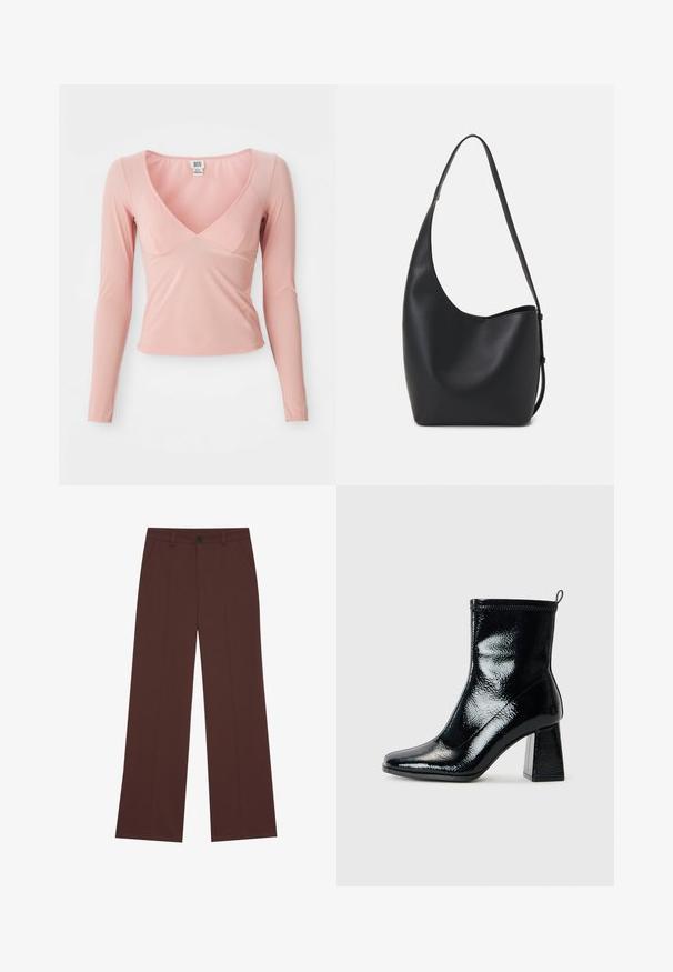 Hosszú ujjú rózsaszín felső mély V-nyakkal, testhez simuló szabással és sima textúrával. Finom varrás jellemzi a nyakrészen és az alsó szegélyen.; Bő szárú nadrág gazdag barna szövetből. Gombos záródás, két elülső zseb, sima textúra és tiszta vonalak jellemzik.; Fekete lakk bokacsizma négyszögletű orral és vaskos geometrikus sarkakkal. Simára csiszolt, fényes felülettel rendelkezik, valamint hátsó húzófüllel a könnyű felhúzás érdekében.; Fekete bőr hobo táska sima textúrával, ívelt formával és egyetlen állítható pánttal; széles nyílás található a tetején.
