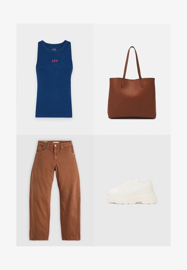 GAP LOGO HALTER - Top - pangea blue; Calças de ganga retas em tom de ferrugem com bolsos frontais e traseiros, rebites metálicos, fecho de botão e passadores de cinto, dispostas em plano sobre um fundo branco.; Sapatilhas brancas em lona com sola espessa, biqueira arredondada e cinco ilhós para atacadores. Laço traseiro para calçar facilmente. Textura suave, design minimalista.; Bolsa tote de couro castanho com uma textura suave, design de abertura superior e duas alças para o ombro. Apresenta costura mínima e sem hardware visível.