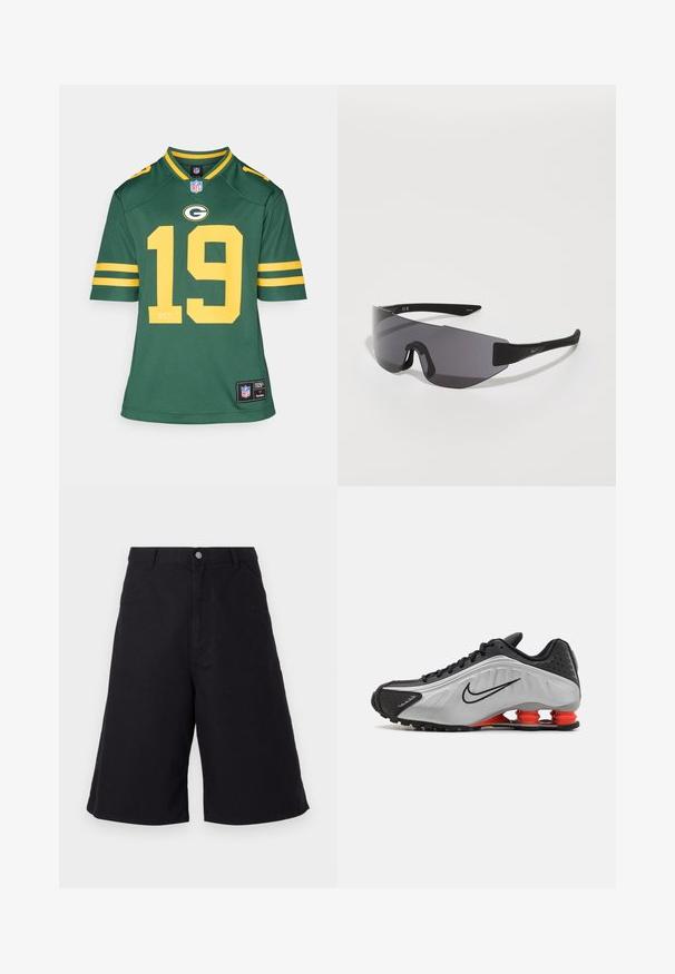Zelen dres NFL z rumenimi akcenti in ramenskimi črtami. Spredaj prikazuje številko 19 in logotip. Izdelan je iz zračnega, teksturiranega blaga.; Črne bombažne kratke hlače ravnega kroja, ki imajo sprednje žepe, gumbasto zapiranje in teksturo primerno za sproščeno nošenje.; Črne in silverne atletske čevelj z teksturirano zgornjim delom, izrazitimi utorom in rdečimi blažilnimi elementi na peti za podporo. Nizek dizajn.; Črne športne sončna očala z ovito zasnovo, temno zatemnjenimi lečami, angularno obliko in logotipnimi detajli na ročajih.