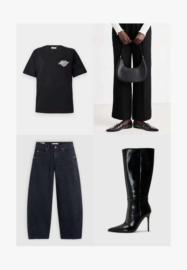 Svart bomull t-skjorte med korte ermer, med et hjerteformet grafikk i lilla og beige med teksten "Carhartt WIP 1989".; Sorte denim vidde-bukser med høy midje, to frontlommer og sølvfargete detaljer. Glatt tekstur, minimale sømmer og rett snitt.; Sorte skinnkne-høye støvler med spiss tå og høye stiletthæler. Glatt tekstur og elegant design, med minimal detaljering.; Svart skinn skulderveske med en avrundet form, glanset overflate og sølvfargede detaljer. Person iført sorte vide bukser og naglede loafers.