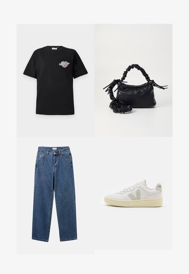 Svart bomull t-skjorte med korte ermer, med et hjerteformet grafikk i lilla og beige med teksten "Carhartt WIP 1989".; Klassiske blå denimjeans med rett ben-design, fem lommer og knappelukking. Har en middels vask og solid tekstur.; Hvite lær sneakers med beige semsket detaljer, perforert tåboks, flate lisser og en teksturert kremfarget såle. Har subtil branding på hælen.; Svart faux skinn-håndveske med krokodilletekstur, strammet topp og en rynket stropp. Ser myk og kompakt ut i designen.