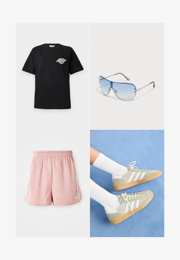 Sort bomulds t-shirt med korte ærmer, der har et hjertformet grafik i lilla og beige med teksten "Carhartt WIP 1989".; Lyserøde atletiske shorts med elastisk talje, hvid stribe detaljering på siden og et lille logo på den nederste venstre forside. Glat stofstruktur.; Lys grå ruskinds sneakers med hvide gummidetaljer, der har tre hvide striber og en gummisål, båret med hvide sokker på en blå baggrund.; Aviator-solbriller med gradient blå linser, sølvmetalramme og dekorative stjerneakcenter på linserne. Glat og strømlinet design.