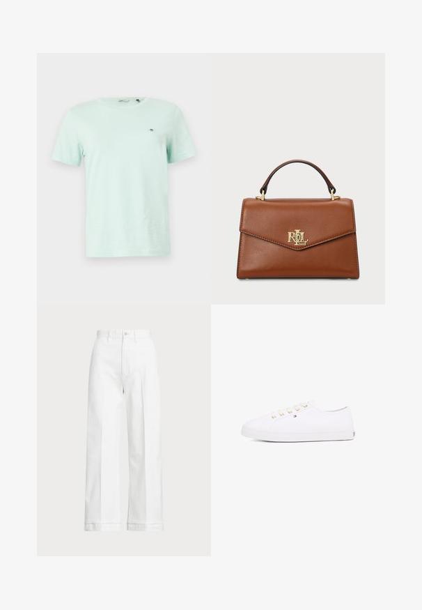 Mintgrünes Baumwoll-T-Shirt mit kurzen Ärmeln, Rundhalsausschnitt und kleinem gesticktem Logo auf der linken Brustseite. Glatte Textur und lässige Passform.; Blau-weißt gestreiften Button-up-Hemd mit Kragen, das ein kleines gesticktes Logo auf der Brust und geknöpfte Manschetten aufweist. Weiche Stofftextur.; Weiße Weitbein-Hosen mit hoher Taille, ausgestattet mit einem Knopfverschluss und subtilen Stickdetails. Hergestellt aus Baumwolle mit glatter Textur.; Weißes Leinensneaker mit goldenen Ösen, flachen Schnürsenkeln, strukturiertem Gummisohle und minimalem Branding an der Seite. Niedriges Profil.; Braune Lederhandtasche mit strukturiertem Design, einem oberen Griff, goldenen Beschlägen und einem Logo-Akzent auf der Vorderseite. Glatte Textur.