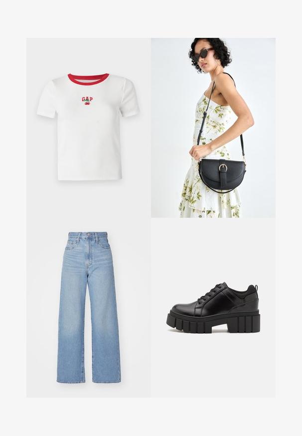 T-shirt branca de manga curta com colarinho vermelho canelado, apresentando texto bordado "GAP" e design de cereja na parte da frente. Feita de tecido canelado.; Jeans de cintura alta e perna larga em azul claro, com fecho frontal de botão e zíper, bolsos frontais e traseiros, sobre um fundo branco.; Sapatos de plataforma em couro preto com um salto bloco robusto, bico redondo e design clássico de atacadores. Apresentam uma textura suave e detalhes mínimos.; Bolsa de couro preta com forma curva, alça destacável e detalhes em dourado. A bolsa possui uma aba com detalhe de fivela.