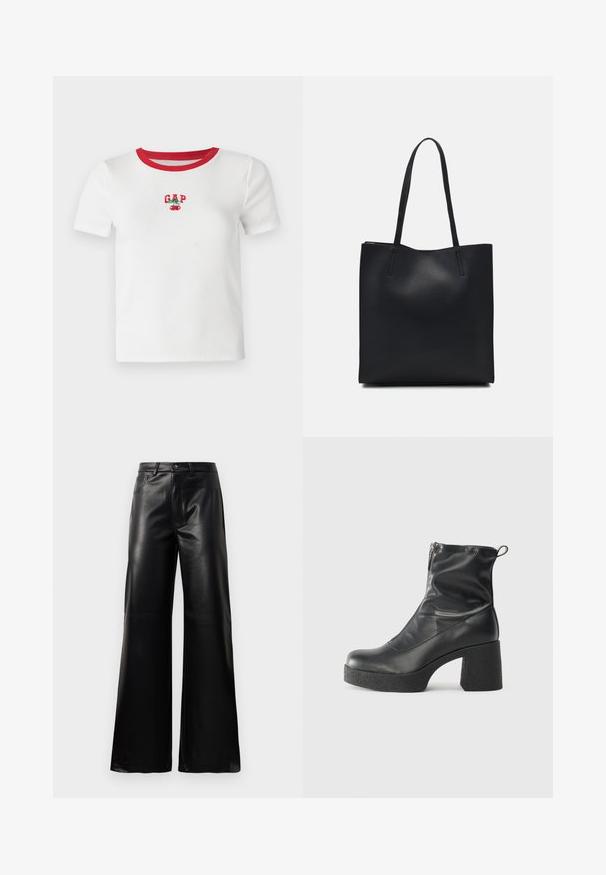 Hvit kortermet t-skjorte med rødt ribbestrikket krage, med brodert "GAP" tekst og kirsebærdesign på forsiden. Laget av ribbestrikket stoff.; Sorte høy midje vide ben bukser i imitert skinn med knapp foran, glidelås, beltehemper og sidelommer på hvit bakgrunn.; Svarte ankelstøvler laget av glatt lær, med glidelås på siden, chunky strukturert hæl, og rund tå-design.; Svart lær tote bag med glatt tekstur, rektangulær form og to lange håndtak. Ingen synlige deler eller dekorasjoner.