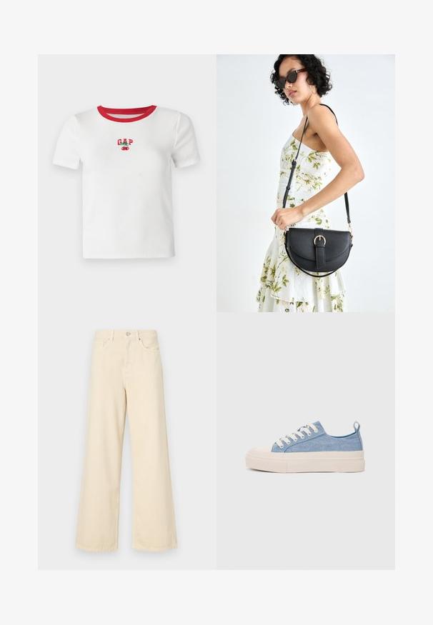 Valge lühikeste varrukatega T-särk punase sooniku kraega, mille esiplaanil on broderi "GAP" tekst ja kirsikujundus. Valmistatud soonikust kangast.; Bežid laiad teksad, mis on valmistatud puuvillast. Omab nööbilukku, vöökohakujusid ja eesmine taskuid, millel on sile ja pehme tekstuur.; Heledad sinised kangast tennisekingad koorevärvi kummist varbakatte ja taldaga, millel on valged paelad ja tõmblukk kandadel.; Mustmust mustraha kõverate joontega, eemaldatava rihmaga ja kuldsete detailidega. Kotil on klapp, millel on pandladetail.