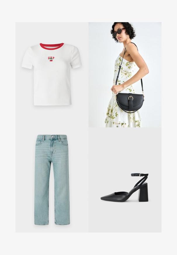 Biała koszulka z krótkim rękawem, z czerwonym ściągaczem, z haftowanym napisem "GAP" i wzorem czereśni z przodu. Wykonana z prążkowanej tkaniny.; Jasnoniebieskie dżinsy szerokie w nogawkach, wykonane z denimu, z klasycznym pięciopocketowym wzorem, czystymi liniami oraz standardowym pasem z zapięciem na guzik.; Czarne skórzane czółenka z ostrym noskiem, z paskiem na kostce i grubym obcasem. Gładka faktura, elegancki design i minimalistyczna estetyka.; Czarna skórzana torebka o zakrzywionym kształcie, z odpinanym paskiem i złotymi akcentami. Torebka posiada klapę z zapięciem w kształcie klamry.