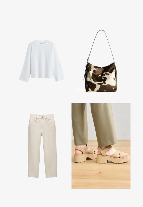 Tricou alb cu mânecă lungă, fabricat din bumbac moale, având un guler rotund și un design cu umeri căzuți, cu o croială lejeră și fără modele vizibile.; Jeans din denim alb cu o croială lejeră, având un picior drept, design cu cinci buzunare și accesorii din metal cu o textură subtilă.; Sandale platform din suede bej, cu curele late și o talpă masivă. Au curea ajustabilă la spate și un profil texturat pentru aderență.; Geantă de umăr din piele de vacă maro și crem, cu o bandă din piele netedă, închidere cu fermoar și o suprafață moale, texturată, cu un model natural.