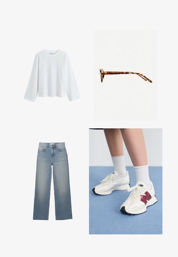 Bílý dlouhý rukáv tričko vyrobené z měkké bavlny, s kulatým výstřihem a designem s klesajícími rameny, s uvolněným střihem a bez viditelných vzorů.; Světle modré široké džíny vyrobené z denimu, s vysokým pasem, předními kapsami a knoflíkovým zapínáním. Hladká textura se zeslabenými oblastmi.; Pár bílých tenisek s vínovými akcenty, texturovanými panely, plochou černou podrážkou a světlými tkaničkami, nošené s bílými kotníkovými ponožkami.; Sluneční brýle v želvovinovém designu s tlustým rámem, mírně zakřivenými spánky a hladkým povrchem. Klasický design s lesklým finišem.