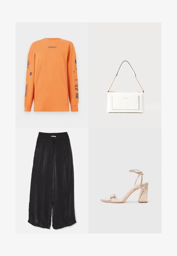 Tricou lung cu mâneci portocalii, fabricat din bumbac. Partea din față are inscripția "STIEGLITZ", în timp ce mânecile prezintă diverse modele grafice albastre.; Pantaloni negri cu pantaloni largi, confecționați dintr-un material satinat neted, având o talie înaltă, plii frontale și o lungime scurtă cu fante pe laterale.; Sandala cu toc înalt de culoare auriu metalizat are o curea lata peste degete, curea reglabilă la gleznă și un toc bloc texturat.; Geantă de mână din piele albă cu un finisaj texturat, având o curea din lanț aurie și accente negre. Include un buzunar frontal și închidere cu fermoar.