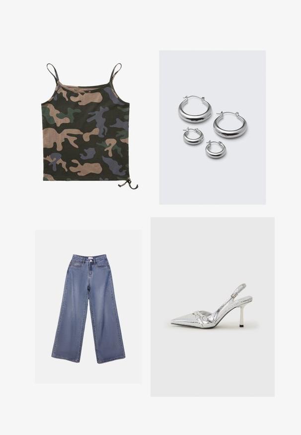 Brandit Topp - darkcamo; Laia sinise pesu laiad teksad, millel on kõrge talje, ees taskud ja nööbilukuga vöörihmade jaoks.; Hõbedased slingback kõrged kontsad terava ninaga, metalne viimistlus, kaks dekoratiivset rihma ja sihvakad kontsad musta otsaga.; Neli paari hõbedast rõngas kõrvarõngaid erinevates suurustes: suured siledad ringid ja väiksemad ümarad stiilid läikiva viimistluse ja lihtsate kinnitustega.